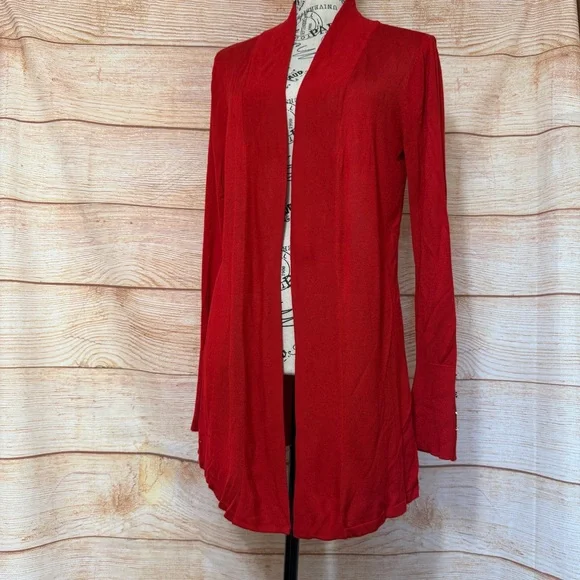 Red Open Front Long Sleeve Knit Cardigan Size Small - Picture 1 of 10